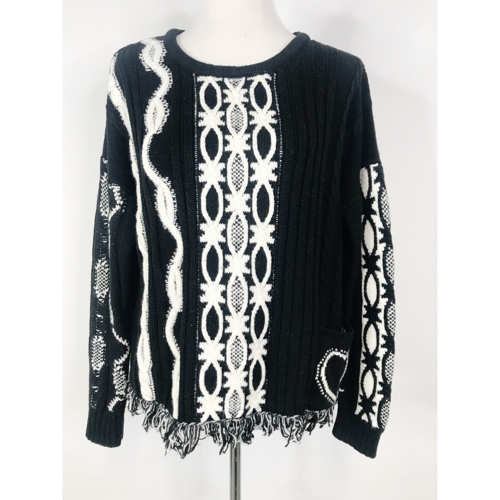 Desigual Sweater Women Large Black White Colorblock Geometric Fringe Art To Wear